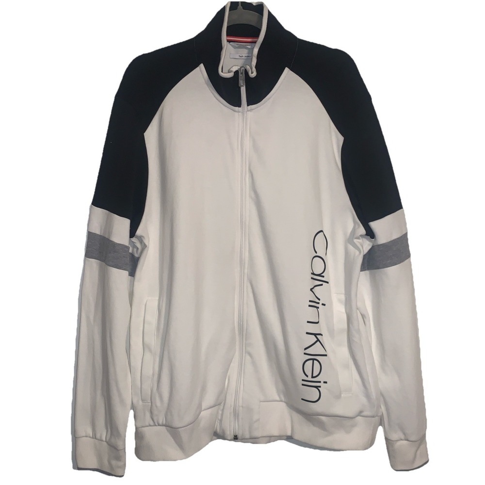 Calvin Klein Sweatshirt Tech Jersey Jacket Mensā Large Full Zip White Black Logo